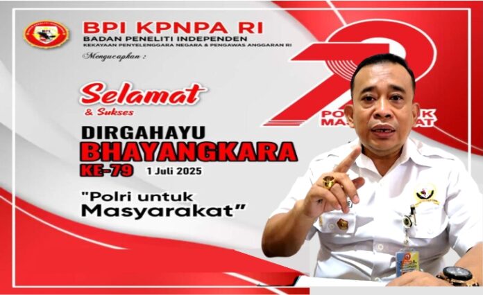 Memasuki peringatan Hari Bhayangkara ke-79, Ketua Umum Badan Peneliti Independen Kekayaan Penyelenggara Negara & Pengawas Anggaran Republik Indonesia (BPI KPNPA RI), Tubagus Rahmad Sukendar, S.Sos., S.H., M.H., menyampaikan apresiasi atas dedikasi dan kontribusi positif jajaran Kepolisian Republik Indonesia (Polri) dalam menjaga keamanan dan ketertiban masyarakat hingga ke pelosok negeri.