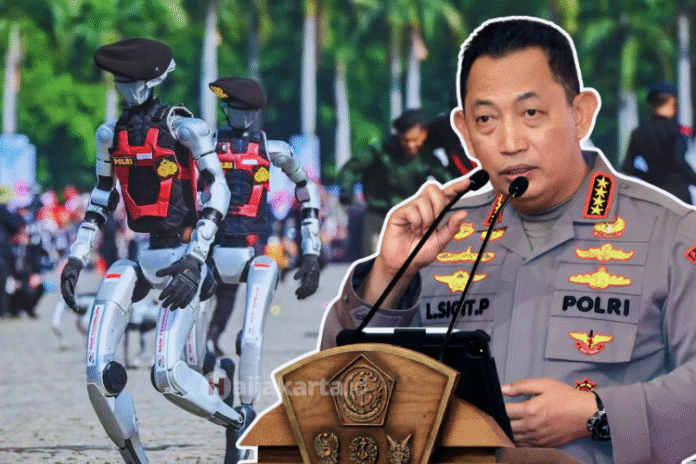 Kapolri Jenderal Pol. Listyo Sigit Prabowo menegaskan bahwa robot polisi yang dipamerkan dalam perayaan HUT ke-79 Bhayangkara tidak menggunakan anggaran negara karena masih dalam tahap uji coba. (Foto: haijakarta)