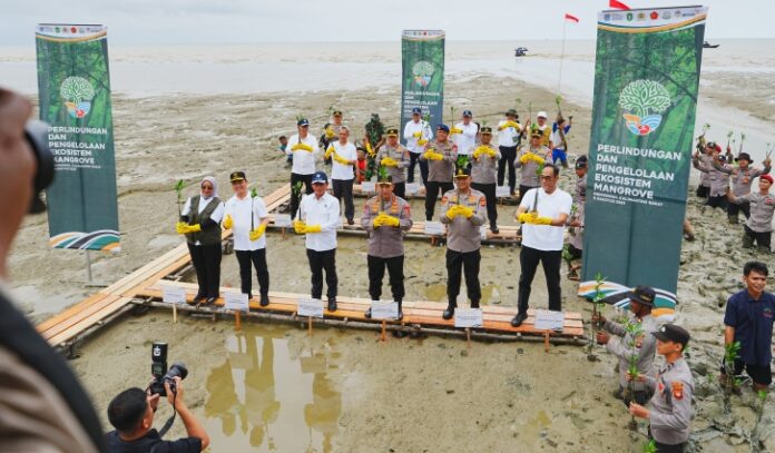 Kapolri Jenderal Polisi Listyo Sigit Prabowo bersama Menteri Lingkungan Hidup dan Kehutanan (LHK) Hanif Faisol Nurofiq melaksanakan penanaman mangrove di pesisir Kabupaten Mempawah, Kalimantan Barat, Jumat pagi (8/8/2025).