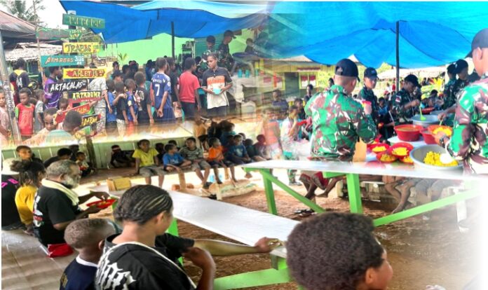 Dalam rangka memperingati Hari Ulang Tahun ke-80 Kemerdekaan Republik Indonesia, Satgas Pamtas RI-PNG Yonif 126/KC menggelar syukuran sederhana bersama masyarakat di Kampung Kombut, Kabupaten Boven Digoel, Jumat (22/8/2025).