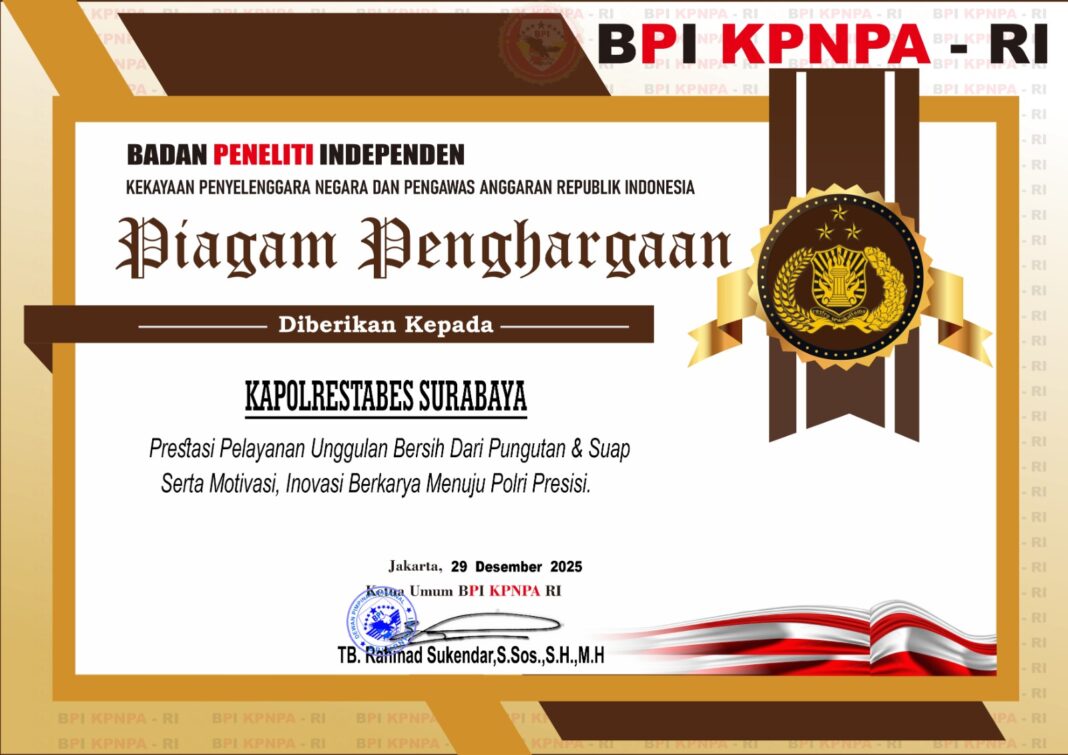 Polrestabes Surabaya mendapat perhatian khusus dari Badan Pengawas Independen Kebijakan Publik dan Aparatur Negara (BPIKPNPARI) dengan menerima BPI Award atas kinerja dan komitmen dalam penegakan hukum serta pelayanan kepada masyarakat.